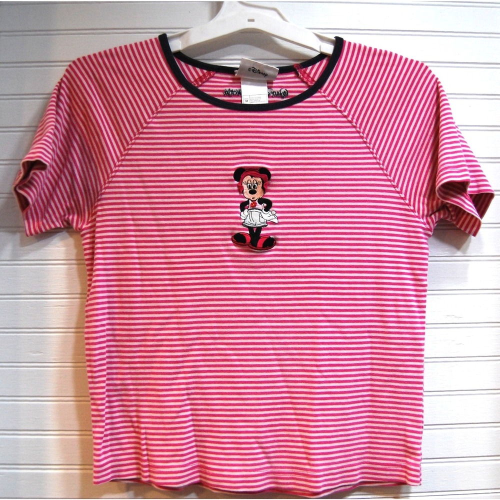 Vintage Minnie Mouse t-shirt Womens Medium Y2K Pink striped crop top Embroidered